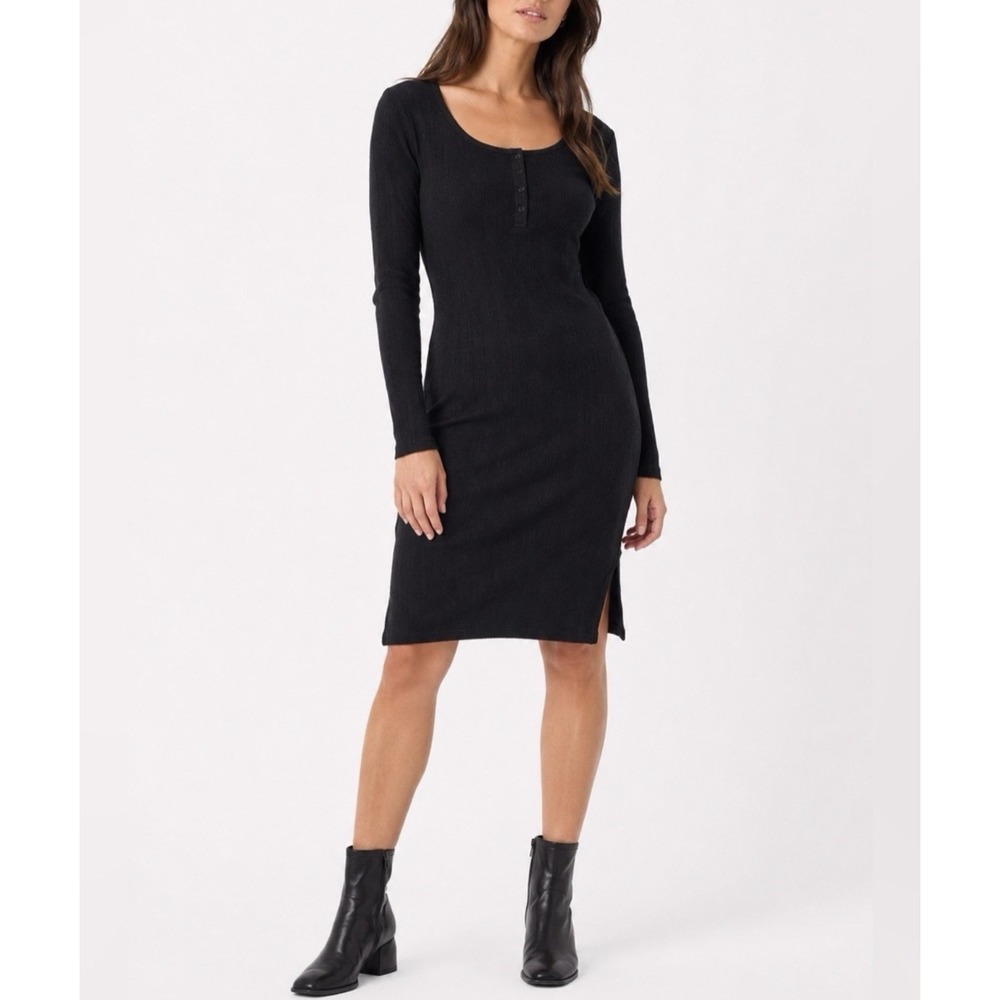Pact Rib Fit Henley Dress Womens‎ S Black Organic Cotton Sustainable Stretch